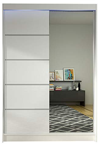 Mirjan24 Kleiderschrank Lino III, Frontspiegel, Schlafzimmerschrank, Garderobenschrank, Dielenschrank, Schiebetürenschrank, Flurschrank (Weiß/Weiß + Spiegel, mit RGB LED Beleuchtung)
