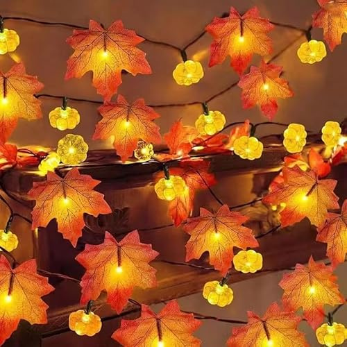 TSLBW Citrouille feuille d'érable Lumières en cordon Guirlande lumineuse de Thanksgiving et d'Halloween 3 Mètres 20 LED Guirlande Lumineuse Automne Décoration Intérieur Extérieur Décoration Automne