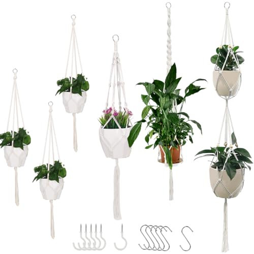 6er Set Makramee Blumenampel,Boho Deko Baumwollseil Hängeampel Pflanzen Aufhängung,Blumentopf Pflanzen Halter Aufhänger Blumenampeln zum Aufhängen für Innen Außen Garten Balkone Wanddeko (3 Längen)