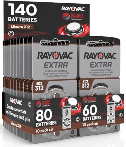 140 Rayovac Hörgerätebatterien der Extragröße 312 PR41 (braun) - 10 Blister mit 8 und 10 Blister mit 6 Batterien