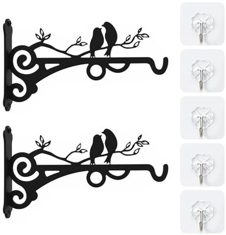 XMNIVATE 2 Pcs Wrought Iron Flower Stands, 5 Pcs Hooks, Plant Basket Brackets, Flower Pot Hangers, Wall Hanging Hooks, Heavy Metal Hangers, Suitable for Hanging Flower Pots and Bird Feeders