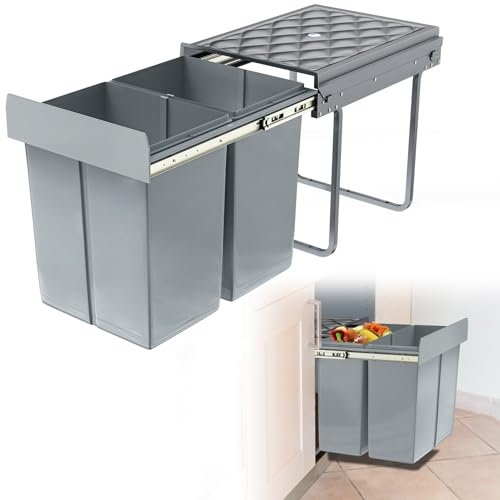 Froadp Poubelle de cuisine encastrable et extensible - 2 compartiments - Système de tri sélectif - Avec rails télescopiques - 48 x 34,2 x 41,8 cm - 2 x 20 l