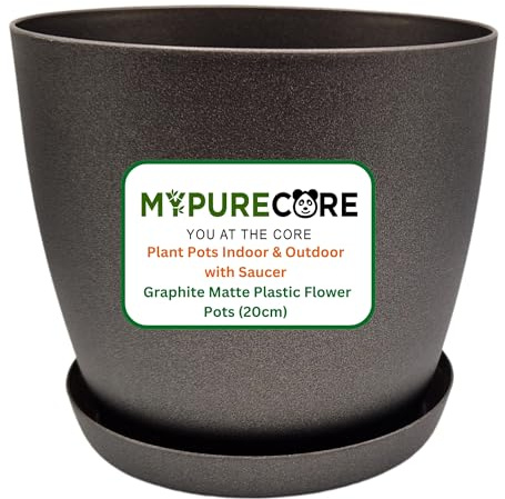 MYPURECORE Plant Pots Indoor with Saucer – Elegant Matte Plastic Flower Pot – Durable Indoor & Outdoor Planter for House Plants, Herbs & Succulents (Graphite, 20 cm)