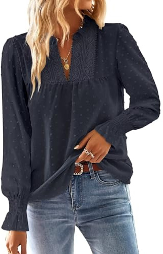 TUUHAW Camicia Donna Manica Lunga Autunno Taglia Forte Top Pizzo Elegante Punto Svizzero Bluse con Scollo a V Boho Casual Oversize Tshirt Maniche a Balze Maglie Business Camicetta Blu Scuro 2XL