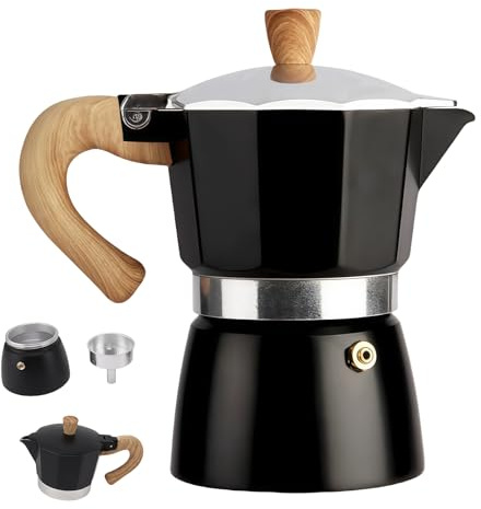 PRITOK Stovetop Coffee Maker 6 Cup: Aluminium Italian Espresso Maker with Heat-Resistant Handle, Classic Aluminium Moka Pot Espresso Coffee Maker, for Home Kitchen Office Use (Black 300ml)
