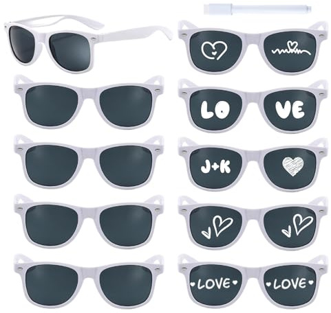 jerbro 10pcs Sonnenbrille Personalisiert Hochzeit JGA Brille Partybrille Hippie Brillen mit Stift für Junggesellenschied Karneval Mottoparty Fasching Cosplay Party (weiß)