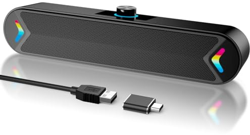 LENRUE Computer Speakers for Desktop,PC Speakers with Basic Stereo Sound & Colorful Lights, Single USB for Both Power and Audio,Desktop Laptop Sound Bar Speakers for Movies,Music(Black-USB)