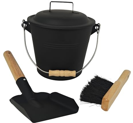 Relaxdays Secchio per Cenere con Coperchio, 4,5 L, scopetta e Paletta per Camino, Contenitore con Manico, Nero/Naturale