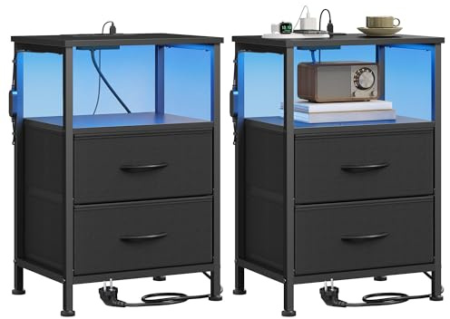 SONGMICS Sängbord med Laddstation och LED, 2 Lådor, 2-Pack | Nattduksbord med App-Kontroll, 39,6 x 30 x 60,4 cm, Bläck Svart, BELLAH Kollektion LGS202B102