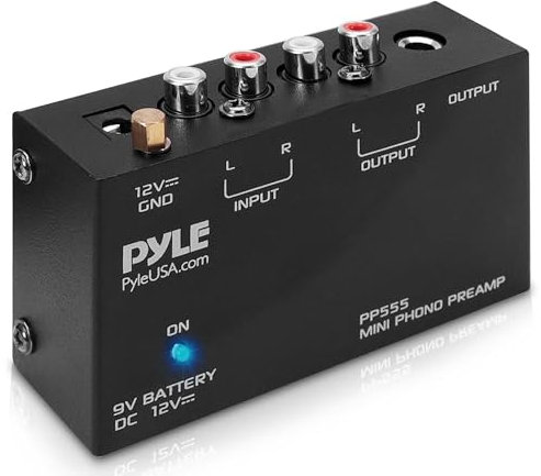 Pyle Préampli Phono pour Platine Vinyle - Mini Préamplificateur Phonographe Audio Stéréo avec Compartiment Pile 9V, Adaptateur DC 12V, Entrée/Sortie RCA & Fonctionnement Ultra-Basse Bruit - Noir