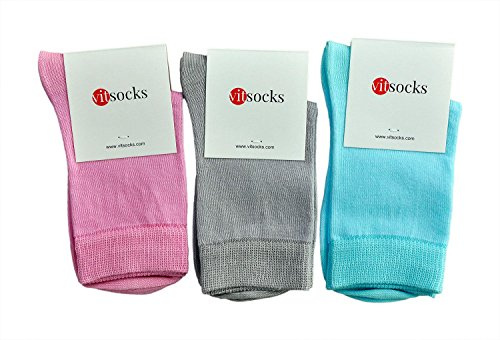 vitsocks Chaussette fine 98% COTON douce légère Enfant (3 PAIRES) garçon fille mi-mollet unie respirante pieds sensibles, lot 2: rose gris turquoise, 31-34