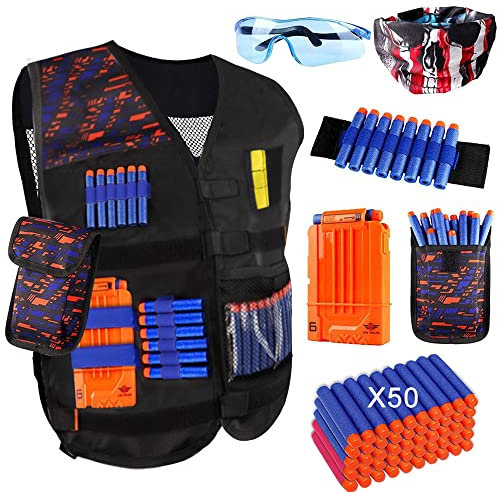 OFUN 56pcs Taktische Weste Jacke Set für Kinder, Tactical Vest Kit & 50 Darts & 1 Gesichtsschutz & 1 Schutzbrillen & 1 Armband & 1 Dartbeutel & Bullets Clip Magazin für N-Strike Elite Serie