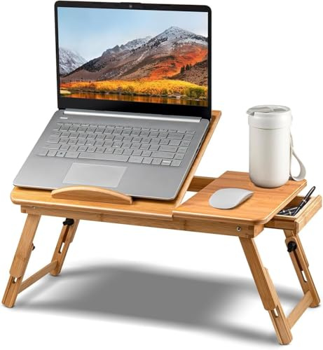 Laptop Notebook Bamboo Table - Foldable, Adjustable Portable Multi-Functional Desk, Serving Tray & Bed Table - 50cm (W) x 30cm (D)