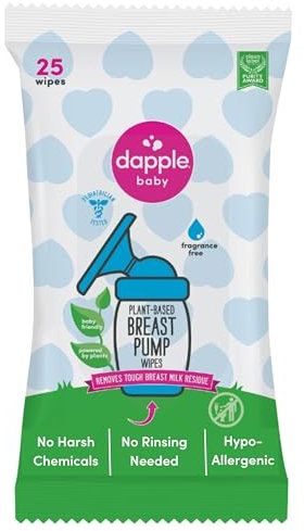 Toallitas para sacaleches de Dapple Baby, 25 unidades, sin fragancia, a base de plantas e hipoalergénicas, elimina los residuos de leche, no deja sabor, práctica bolsa de toallitas