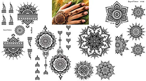 Juego de 4 láminas de tatuajes de mano con mandala romance.