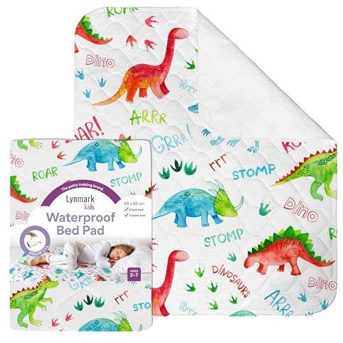 Lynmark® Toddler Potty Training Bed Pads - Soft Waterproof Bedwetting Pee Protector Mat for Kids - Multi-Layer Non-Slip Washable Incontinence Mattress Sheet Absorbs Up to 2000ml - 90 x 85cm, Dinosaur