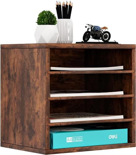 Senhoglb 4 Fächer Aktenablage, Schreibtisch Ordner Organizer Holz, Stapelbar Dokumentenablage für Büro, A4 Aktenhalter, Multifunktionaler Briefablage für Papier, Magazin, Bürobedarf, Retro Braun
