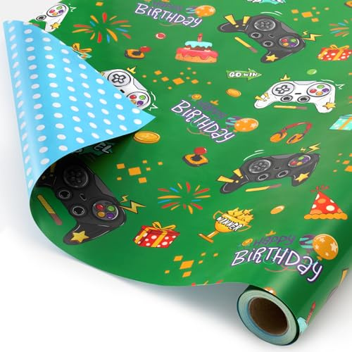 WERNNSAI Rollo de papel de regalo para juegos - 1 rollo de papel de regalo de cumpleaños reversible 43 cm x 10 m papel de regalo de cumpleaños para niños envoltorio de videojuegos