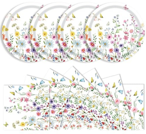 KFJBPB 40 Pcs Wildflower Plates and Napkins Set, Large 9 Inch Floral Plates