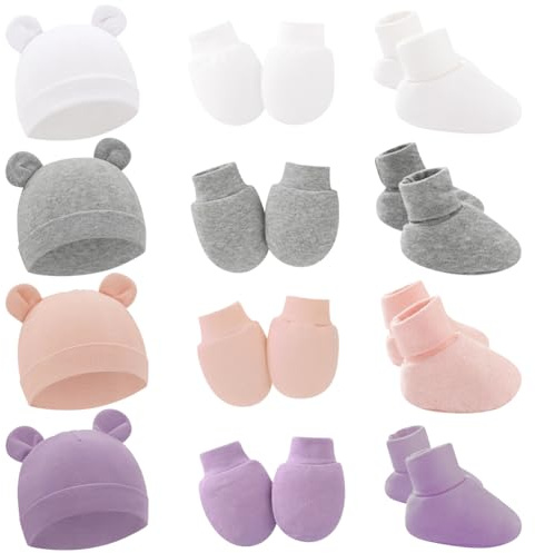 4-pack preemie hattar vantar och strumpor set mjuk bomull varm björn öra preemie mössa, nyfödd sjukhushatt för baby pojkar flickor, Vit, ljusgrå, rosa, lila (dubbla lager tyg), 0-3 Months