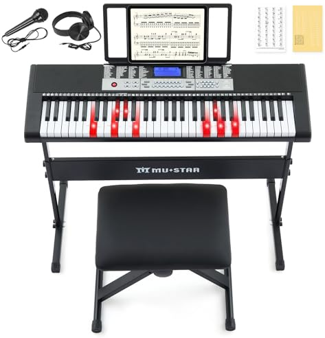 61 Key Piano Keyboard, Electric Keyboard Piano with Light-Up Keys, 255 Tones/Rhythms, Smart Learning System, Headphone, Microphone, Keyboard Stand, Stool, Stickers, Piano Keyboard Set for Beginners