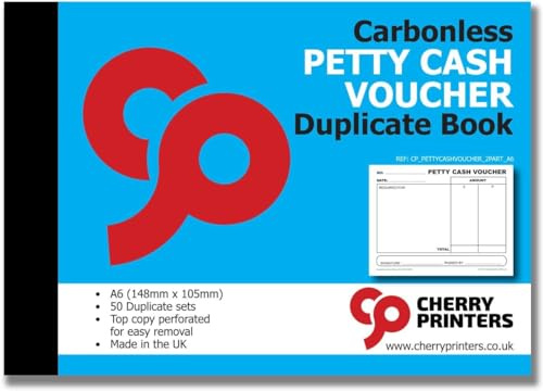 Cherry Petty Cash Voucher Book | A6 Carbonless Duplicate Record Book | 50 Duplicate Sets | Perforated Top Copy for Easy Removal | Small Cash Payment Log | Accounting & Finance Book | **2 Pack**