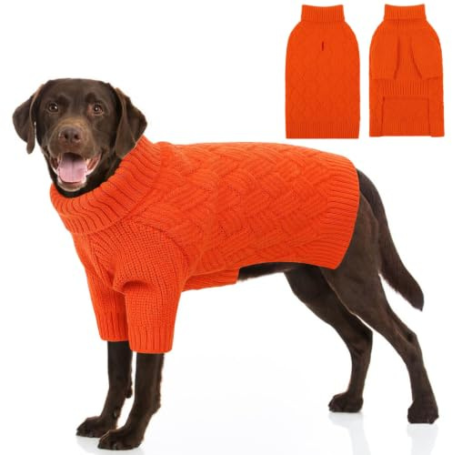 AOFITEE Large Dog Jumper, Warm Turtleneck Jumpers for Dogs with Sleeves | Large Dog Christmas Jumper Labrador Sweater, Knitted French Bulldog Jumpers Female Male Knitwear for Winter Fall, Orange L