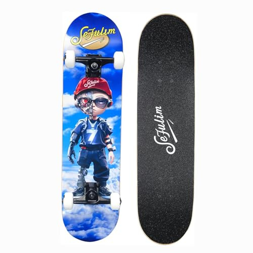 Sefulim 31 x 8 Inch Complete Skateboard 8 Layer Canadian Maple Double Kick Deck Skateboard for Boys Girls Teens Adults Beginner