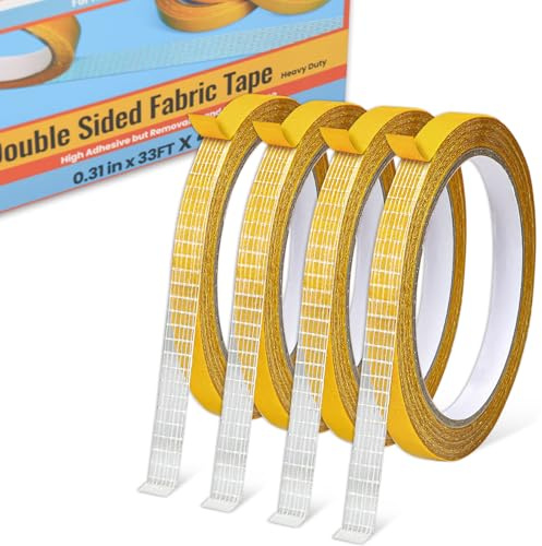 Doppelseitiges Gewebeklebeband Heavy Duty für Saum，Mode Kleid, Tuch, Vorhänge,Stark haftend, aber ablösbar und rückstandsfrei, Kein Nähen oder Bügeln erforderlich, vielseitig einsetzbar,0.8cmx10m/x 4R