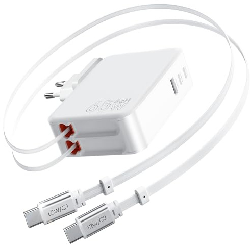SPGUARD Retractable 5-in-1 65W Charger med 2 utdragbara 120 cm kablar, USB-C GaN väggadapter med dubbla USB-C kablar, snabb laddare kompatibel med iPhone 17/16/15/14/13/iPad/Galaxy | USB C Gan expanderbar laddare med typ C + typ C, snabbladdare kompatibel med iphone17/16/15/14/13/iPad /Galaxy
