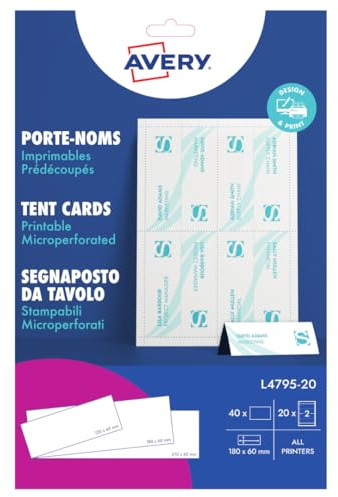 Avery – 20 porte-noms imprimables micro-perforés au format 210 x 60 mm – cartes de table personnalisables pour mariages, séminaires et événements professionnels