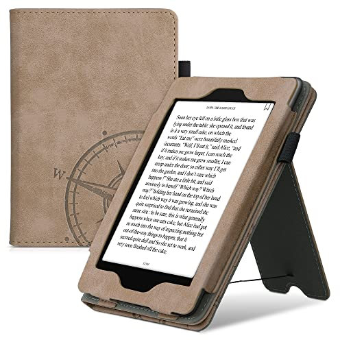 kwmobile Flip Hülle kompatibel mit Amazon Kindle Paperwhite - Cover Handschlaufe - Kompass Vintage Braun (für Modelle bis 2017)