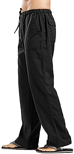 YAOHUOLE Mens Casual Pants Linen Lounge Trousers Loose Elasticated Waist Pant with Drawstring Black M