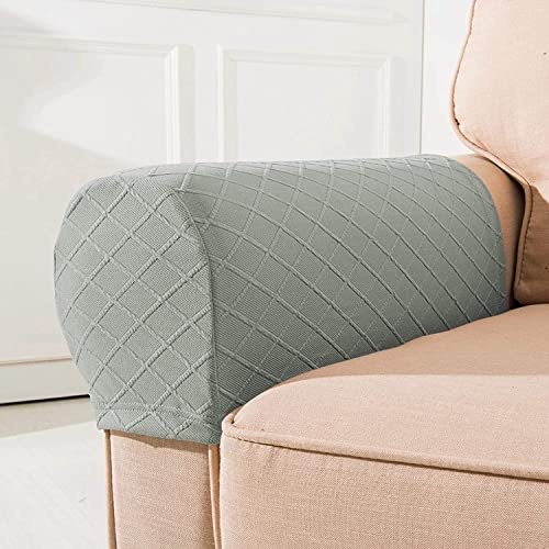 NEKOSUKI Arm Rest Covers, Set of 2 Stretch Diamond Pattern Armchair Couch Stretch Armrest Chair Covers for Furniture Protector, Anti-Slip Sofa Chair Arm Cap Spandex Polyester Slipcovers, Ligth Gray