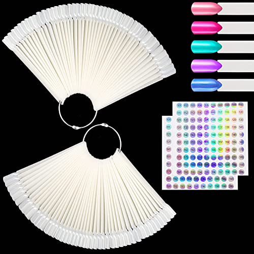 100 Pezzi Espositore Unghie Display, Strumenti per Esposizione di Smalto per Unghie Naturale, con 2 Pezzi 101-200 Adesivi Numerici, Espositore a Ventaglio Falso Nail con Anello