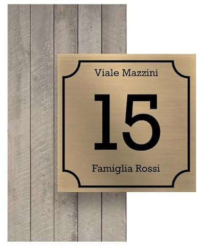 Numero Civico Esterno Personalizzato in Alluminio, Made in Italy - Targa Personalizzabile con Via, Numero Civico e Comune - Protezione al Raggi UV e Antiruggine (10 x 10 cm, ORO SPAZZOLATO)