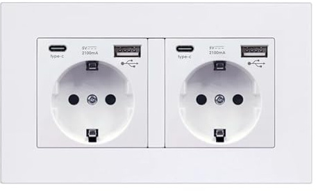 Enchufe Doble de Pared 250V 16A. Toma de Corriente Empotrada. Enchufe Múltiple con 2 Tomas, 2 USB-A, 2 USB-C 5V 2100mA de Carga Rápida. Enchufe Europeo Interior.