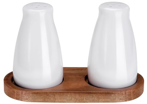 Huiguli Ceramic Salt and Pepper Shakers Set, 2Pcs Modern White Salt and Pepper Pots with Bamboo Tray, for Kitchen, BBQ, Camping, Dining Table, 85ml/8.5x3x5cm