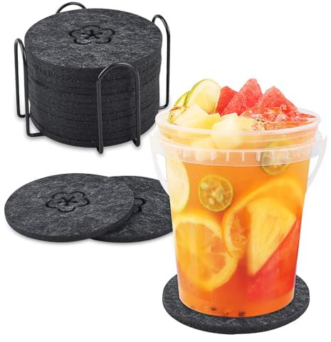 Filzuntersetzer Rund,Fikiro Untersetzer Gläser 12er Set,Filz Untersetzer 10cm,Getränkeuntersetzer mit Halter,Untersetzer Gläser für Getränke, Tassen, Bar, Glas - Tischuntersetzer（Schwarz）