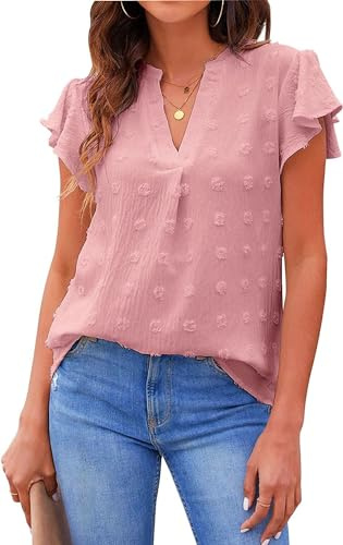 Satohom Donna Camicetta in Chiffon a Maniche Corte con Scollo a V Casuale Tops Elegante Maglietta a Pois con Volant Allentata Pullover Estiva Tinta Unita Manica Corta Base Tee Affari Blusa