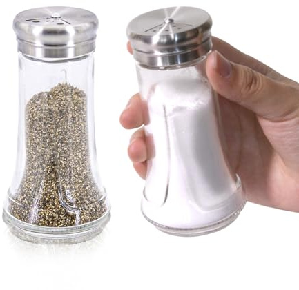 Salt & Pepper Shaker Set for Kitchen - 4 oz Clear Glass Salt & Pepper Shakers with Stainless Steel Lid, Adjustable Pour Holes, for Salts, Ground Peppercorn & Spices, Set of 2