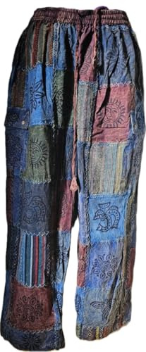 Karma Handicrafts Unisex Patchwork Cotton Trouser Hippy Boho Combat Wide Festival Pant S60 (US, Alpha, Small, Medium, Regular, Regular, Blue)
