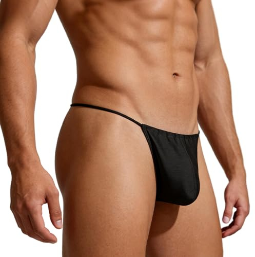 YINYOUYU Mens Thongs Silk G-String Adjustable Sexy T-Back Low Rise Underwear L Black