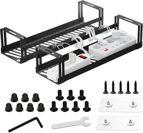 PAVSTINE Sistema di gestione dei cavi sotto la scrivania – Confezione da 2 vassoi in acciaio al carbonio con autoadesivo e supporto per foratura – nero per ufficio e casa