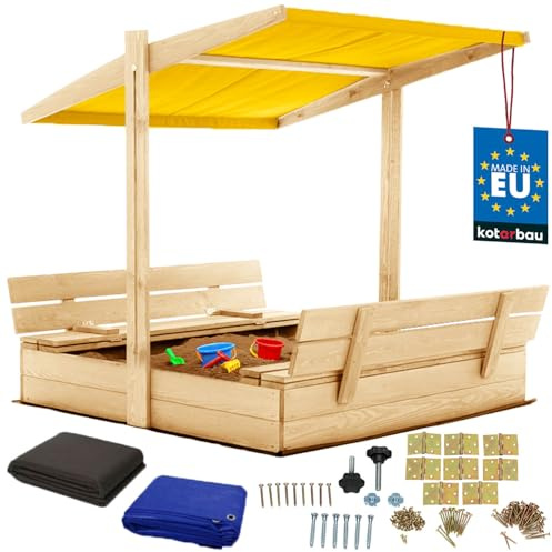 KOTARBAU® Arenero Infantil - Madera - 120 x 120 cm - Natural - Arenero con Tapa - y Bancos - con Techo Amarillo - Protección Solar - Cajón de Arena - Zona de Arena Infantil