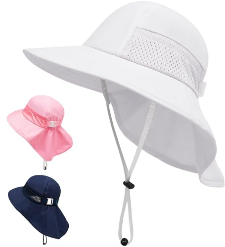 JinBei Sombrero de Sol para Niña Niño, Unisexo Blanco UPF 50+ Verano Proteccion Solar Gorro, Ajustable Plegable Transpirable Anti UV Exteriores Playa Gorra con ala Ancha, para 2-6 Años