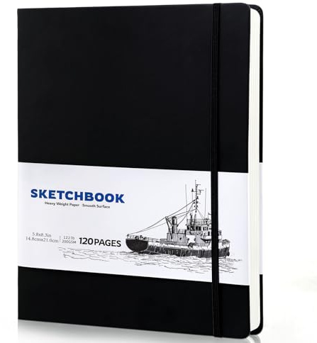 A5 Sketchbook, 60 Sheets 200GSM Paper, Black Hardcover, 14.8 x 21 cm | Acid-free thick paper, lay-flat hardback, clean tear-out pages, for pencil charcoal pastel and light wet media