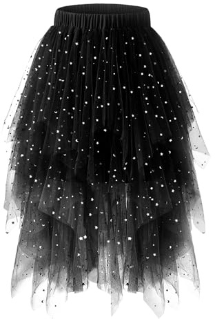 Bridesmay Tulle Fairy Long high Low Skirts for Adult Women Halloween | A Line High Elastic Waist, Sparkly Sequin, Layerd Ruffle Mesh Midi Tutu, asymmetrical, Fluffy Skirt for Witch Christmas