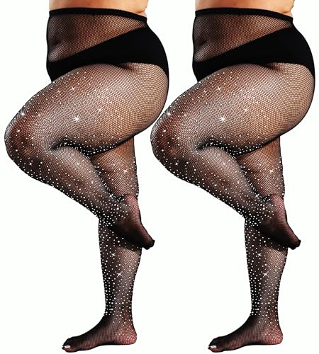 DUCMODA Strass fisknät strumpbyxor plus storlekar, 2 par svart, XL-XXL