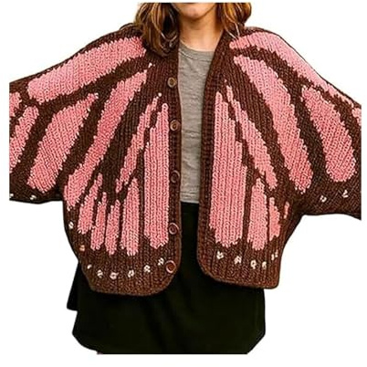 Monarch Butterfly Knit Cardigan, il cardigan all'uncinetto monarca farfalla maglione con farfalle e ali top da donna, accogliente copertura in maglia boho da donna, Come mostrato, XL